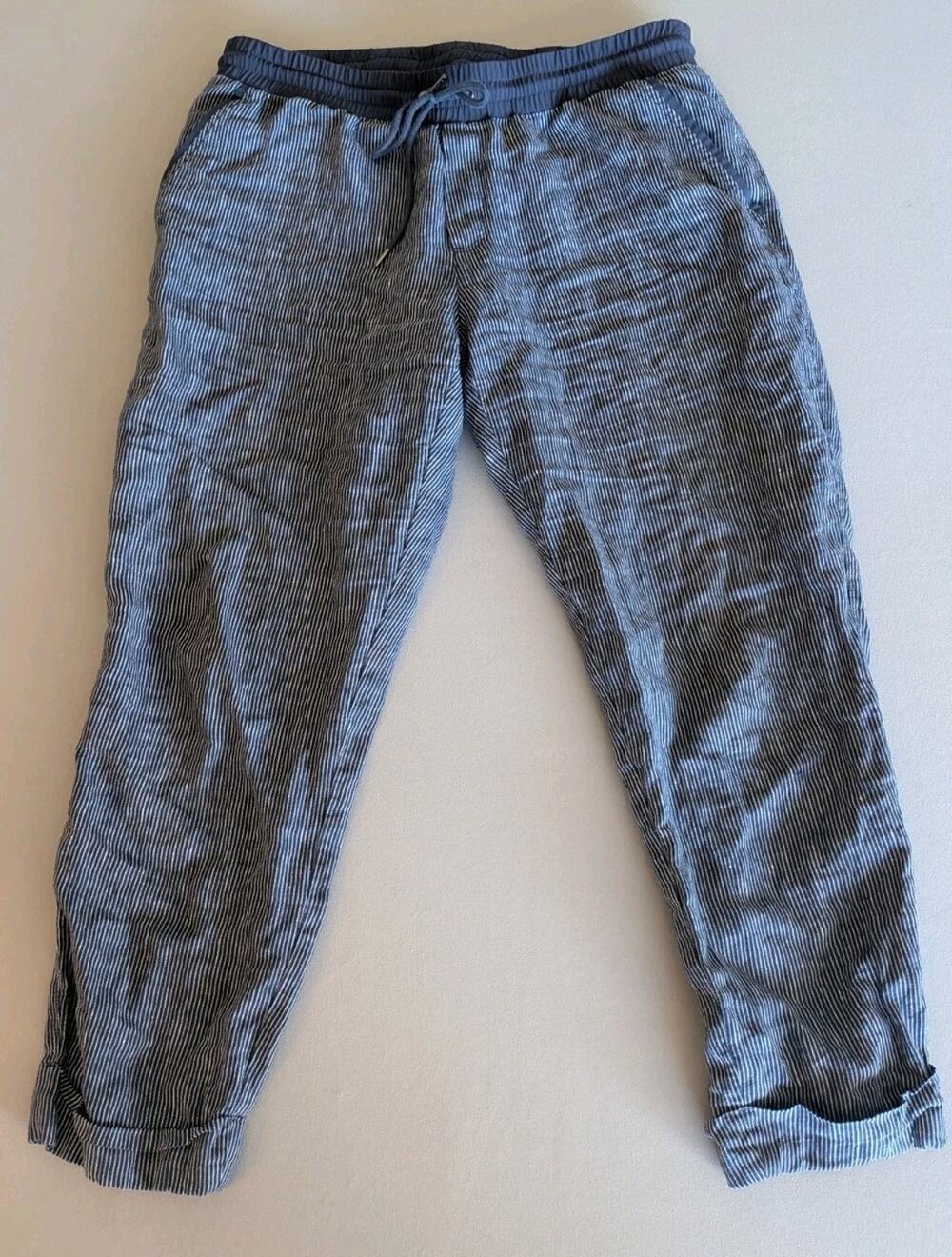 Athleta Cabo Linen Tapered Leg Jogger Pants Size 14 Blue Striped Coastal Resort